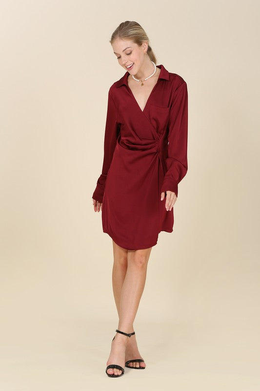 The Present | Satin collared wrap mini dress