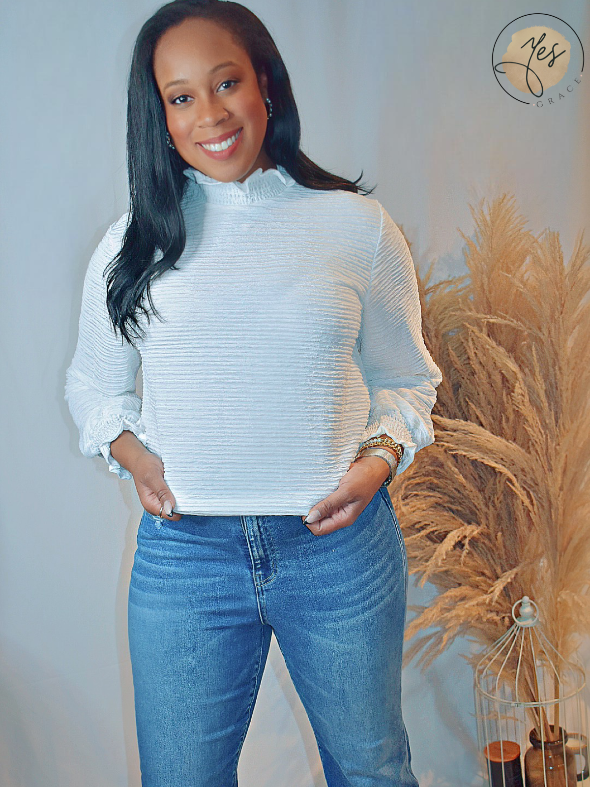 Everything | White Ruffle Trim Mock Neck Blouse