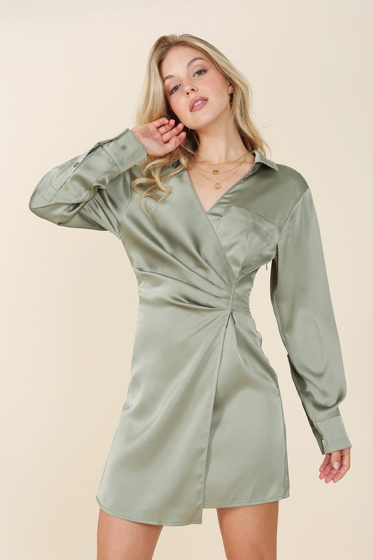 The Present | Satin collared wrap mini dress