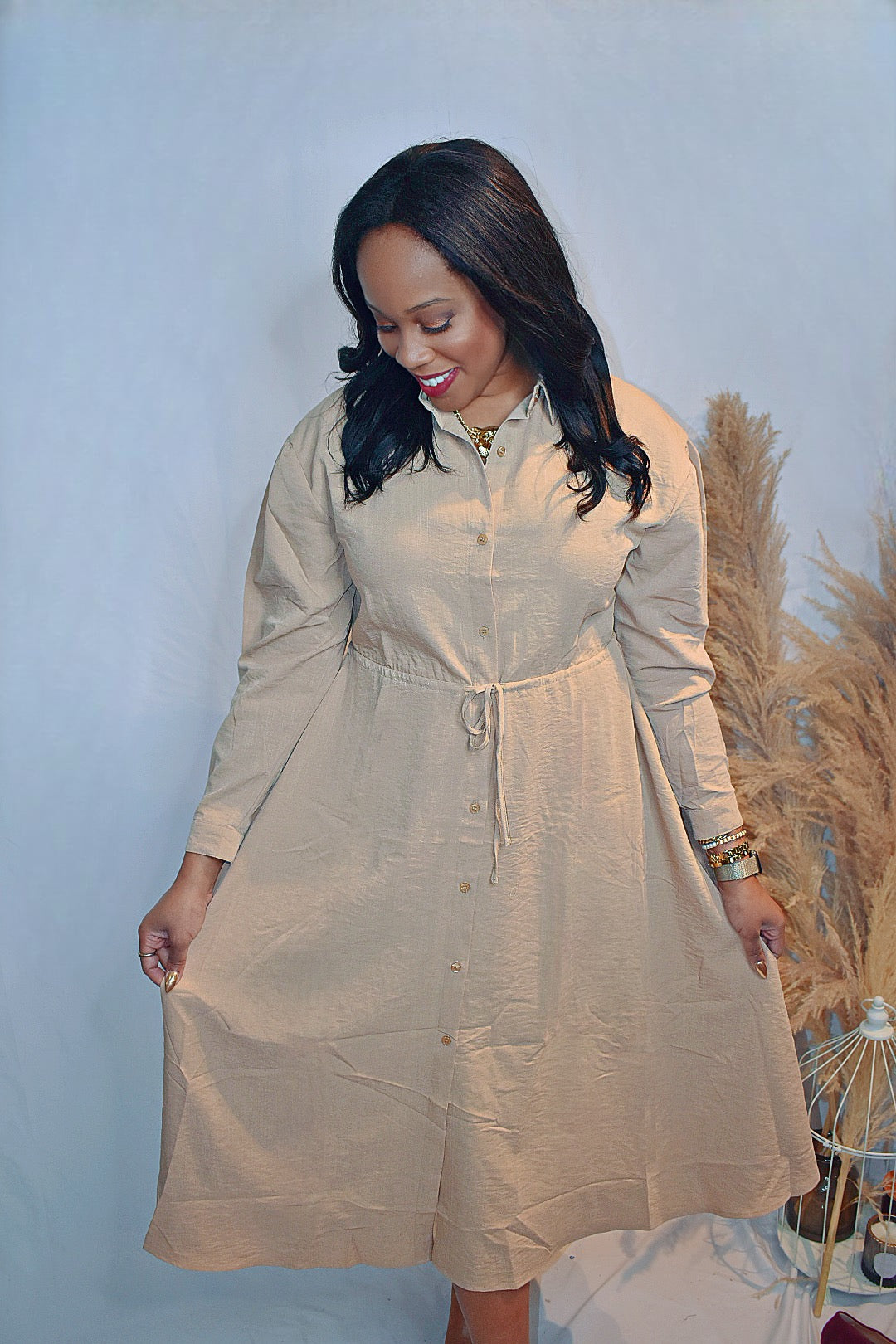 My Lady | Kakhi Button Front Midi Dress