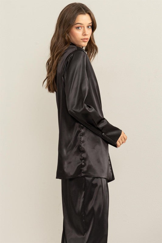 Party All The Time | Black Satin Long Sleeve Blazer