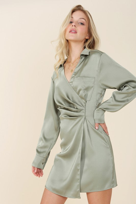 The Present | Satin collared wrap mini dress