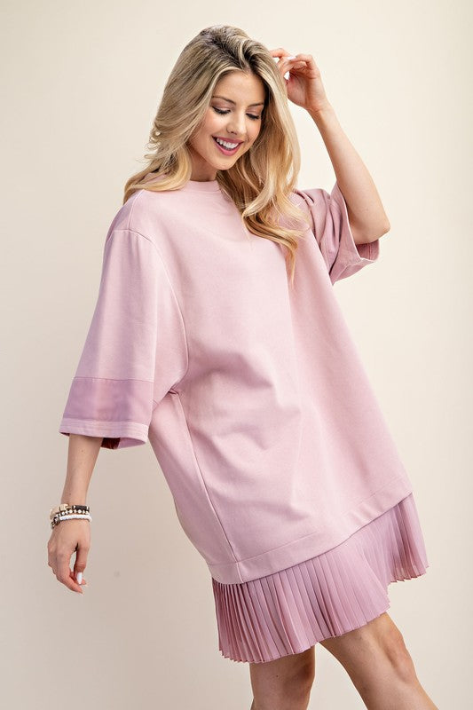 Short Sleeve Jersey Dress with a Chiffon Skirt | Pink
