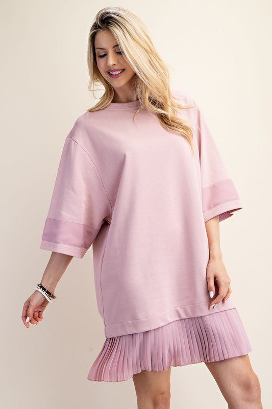 Short Sleeve Jersey Dress with a Chiffon Skirt | Pink