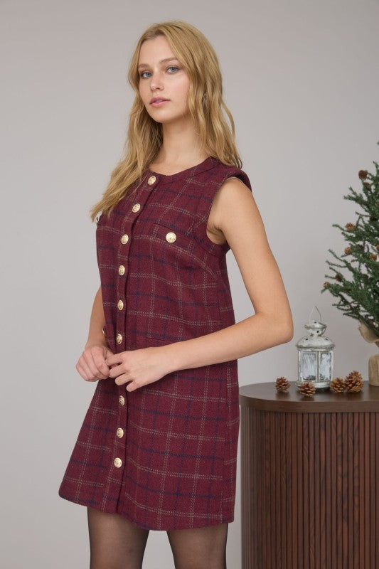 Plaid Tweed Button Down Sleeveless Mini Dress