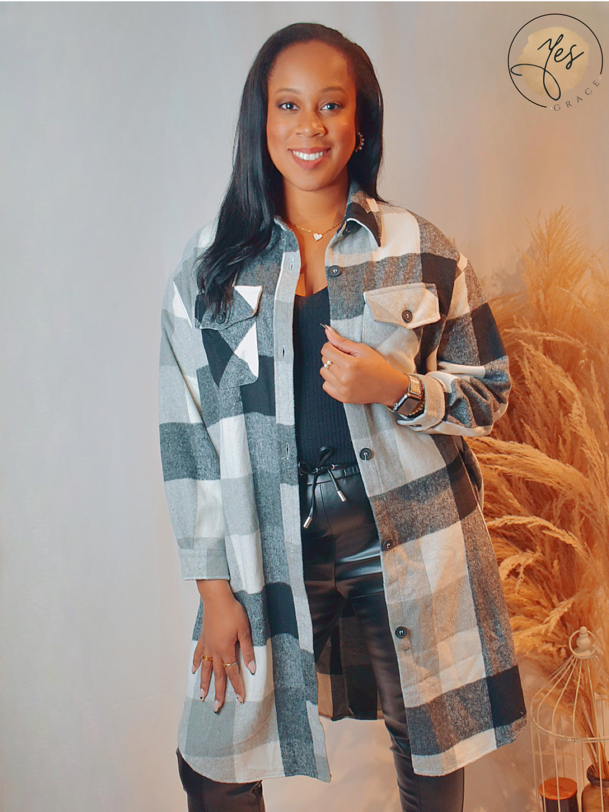 Campfire Cutie | Long Plaid Black and White Overcoat