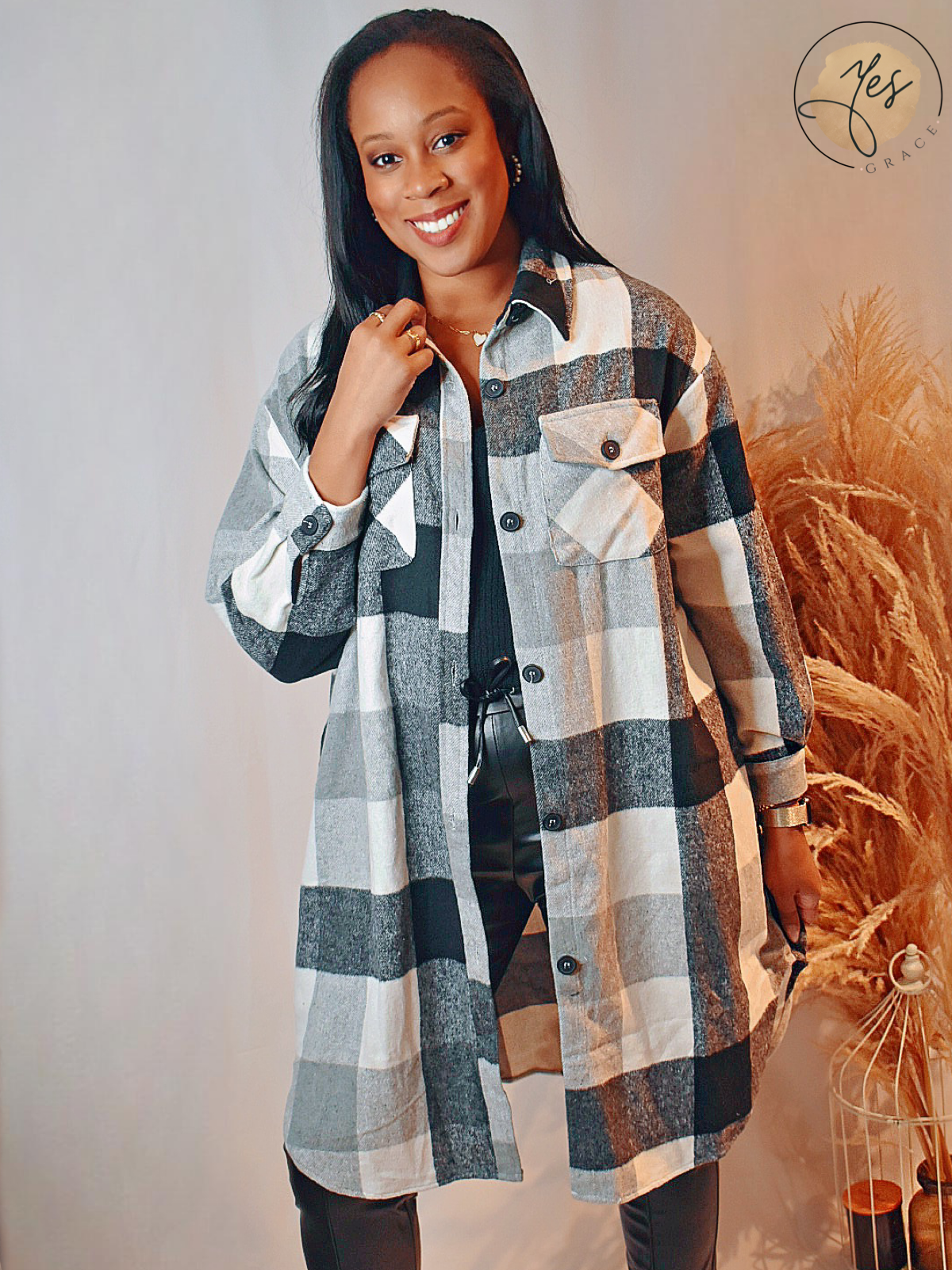 Campfire Cutie | Long Plaid Black and White Overcoat