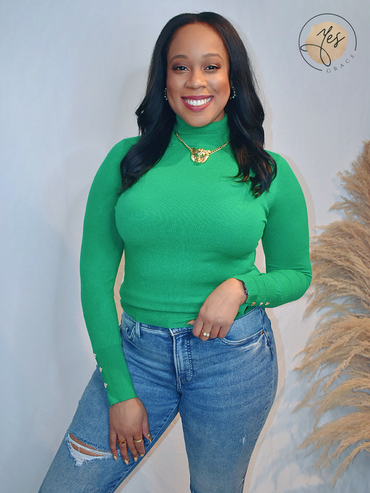 Sure Enough | High Neck Long Sleeve Top - Green