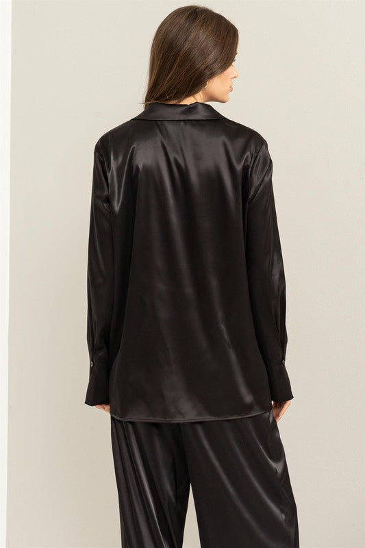 Party All The Time | Black Satin Long Sleeve Blazer