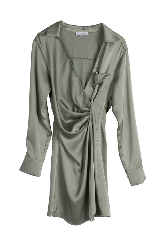 The Present | Satin collared wrap mini dress