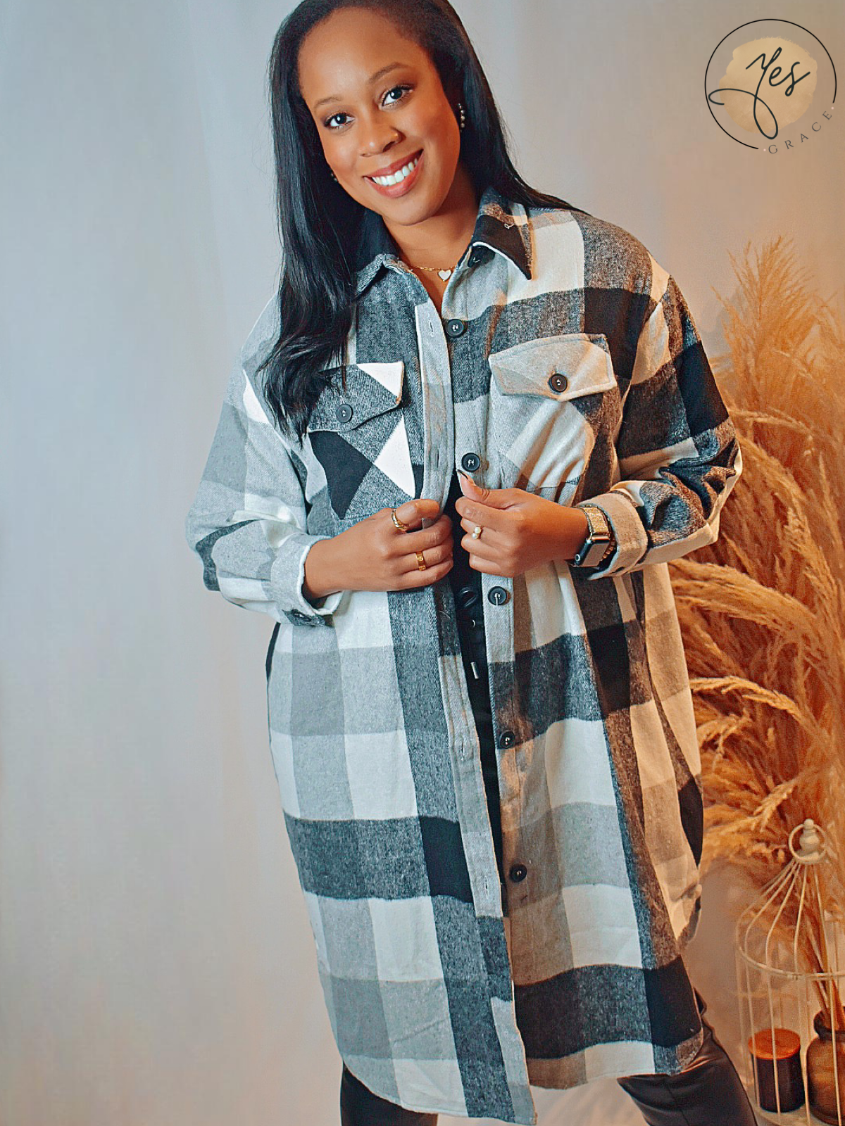Campfire Cutie | Long Plaid Black and White Overcoat