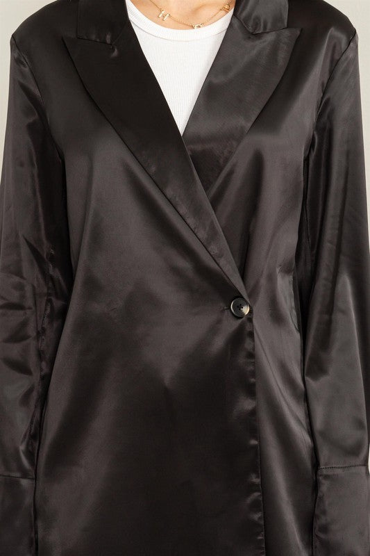 Party All The Time | Black Satin Long Sleeve Blazer