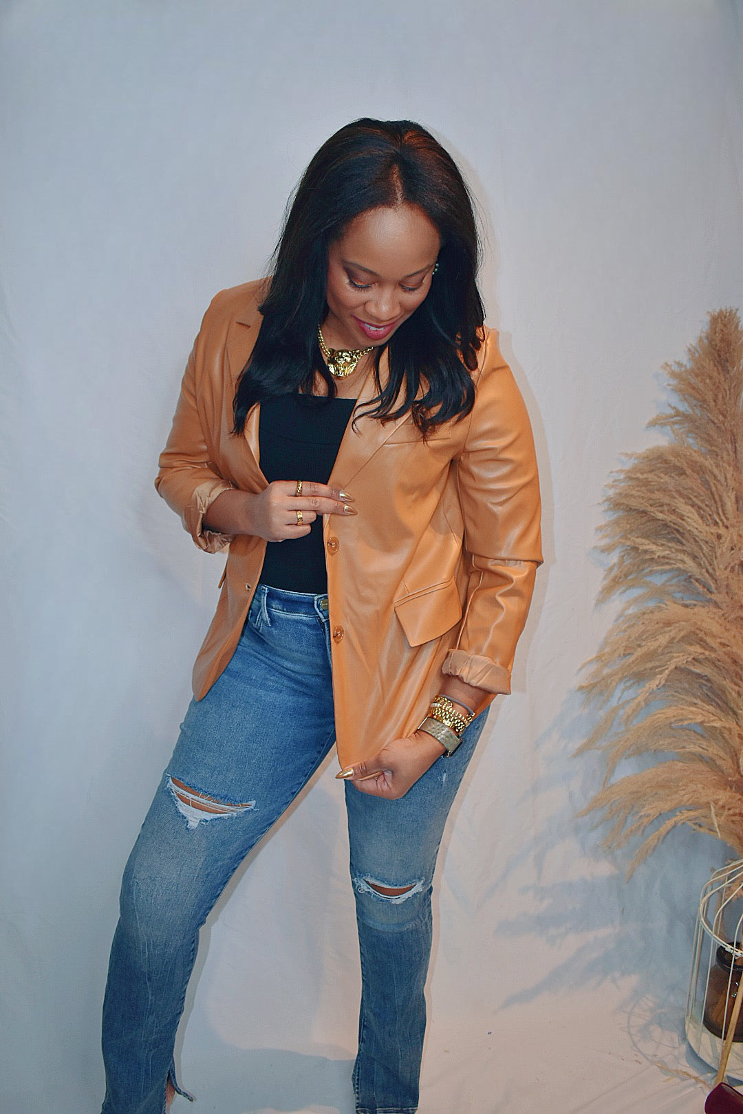 Coffee Date | Camel Faux Leather Blazer
