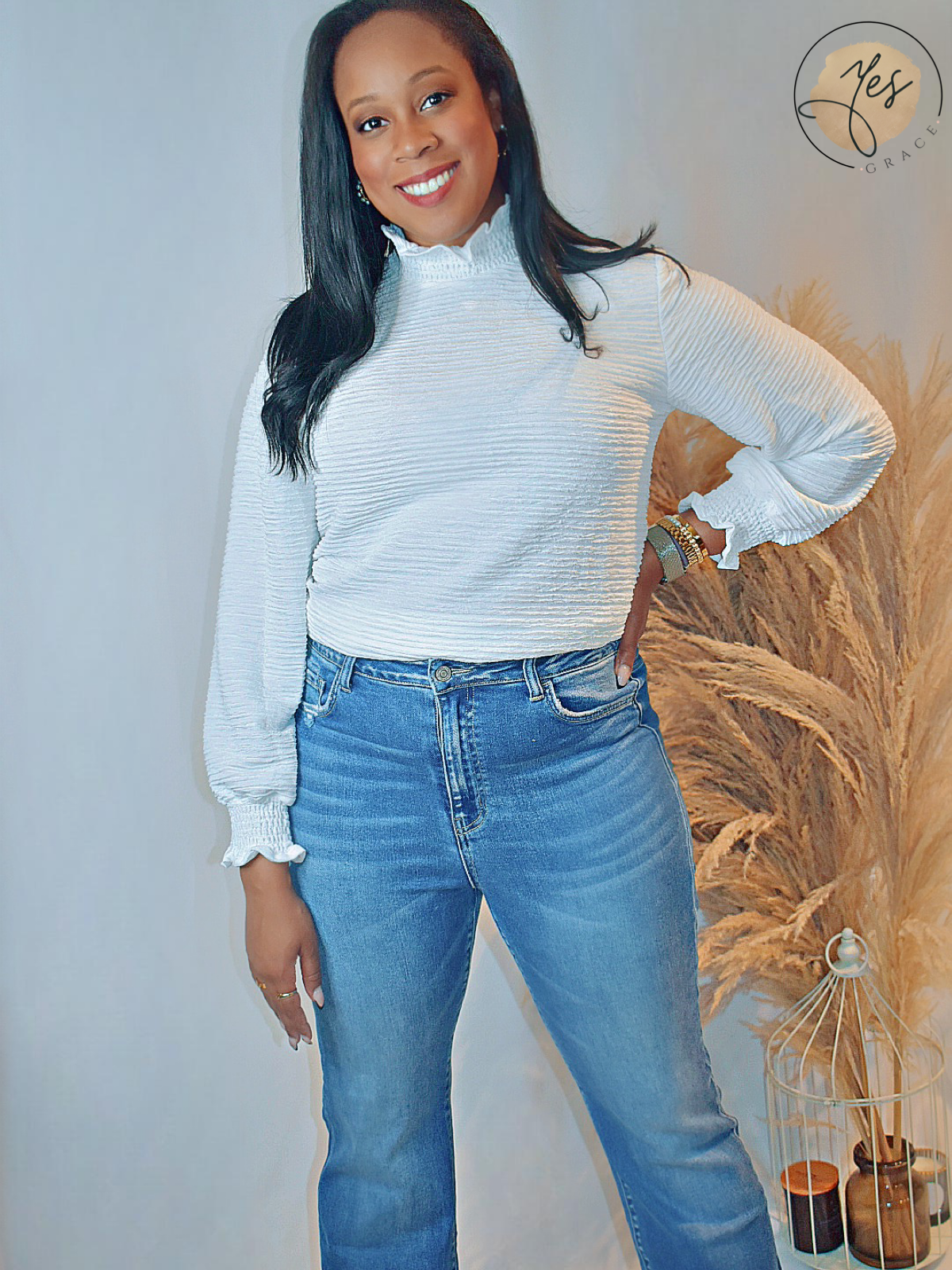 Everything | White Ruffle Trim Mock Neck Blouse