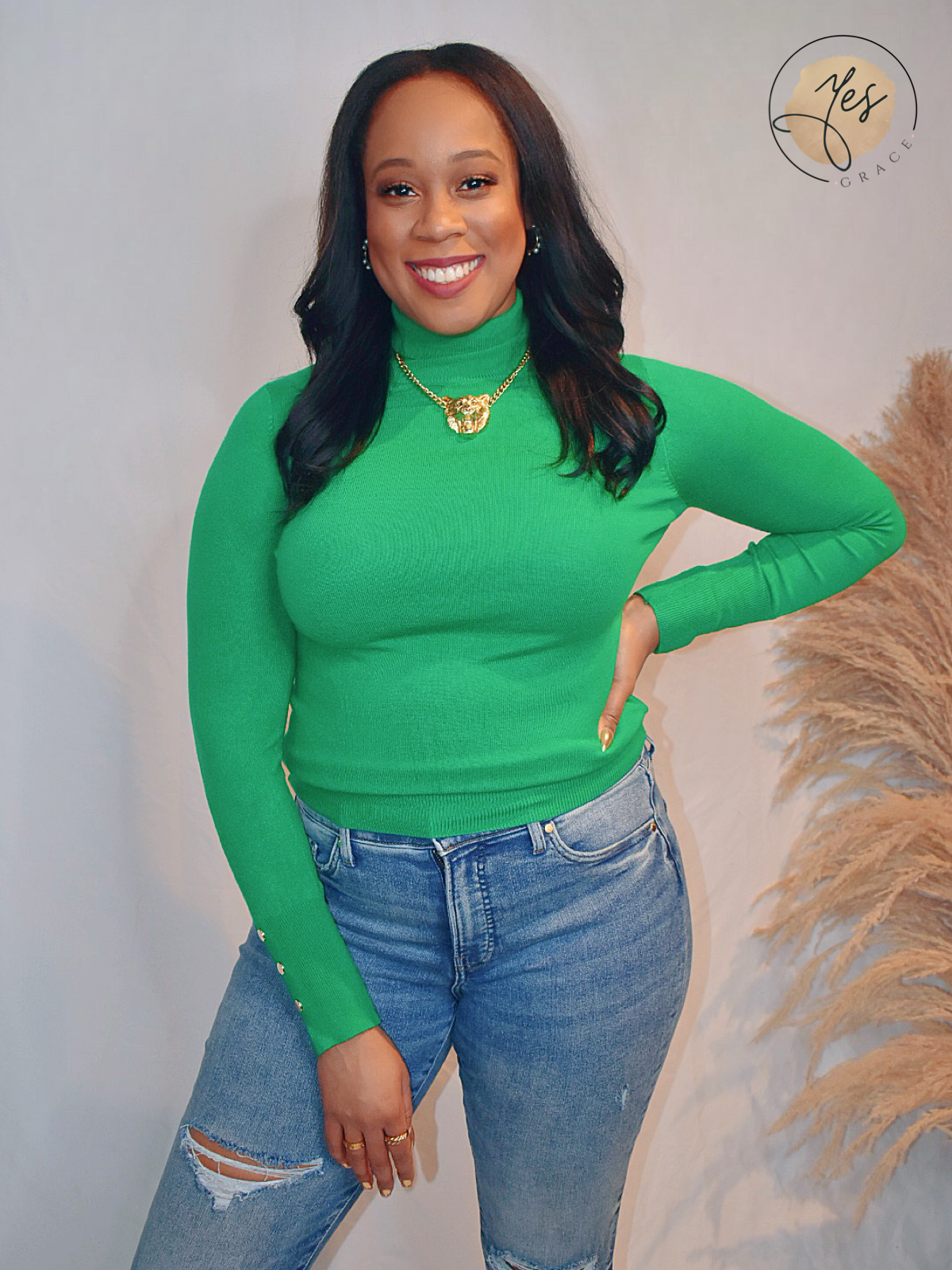 Sure Enough | High Neck Long Sleeve Top - Green