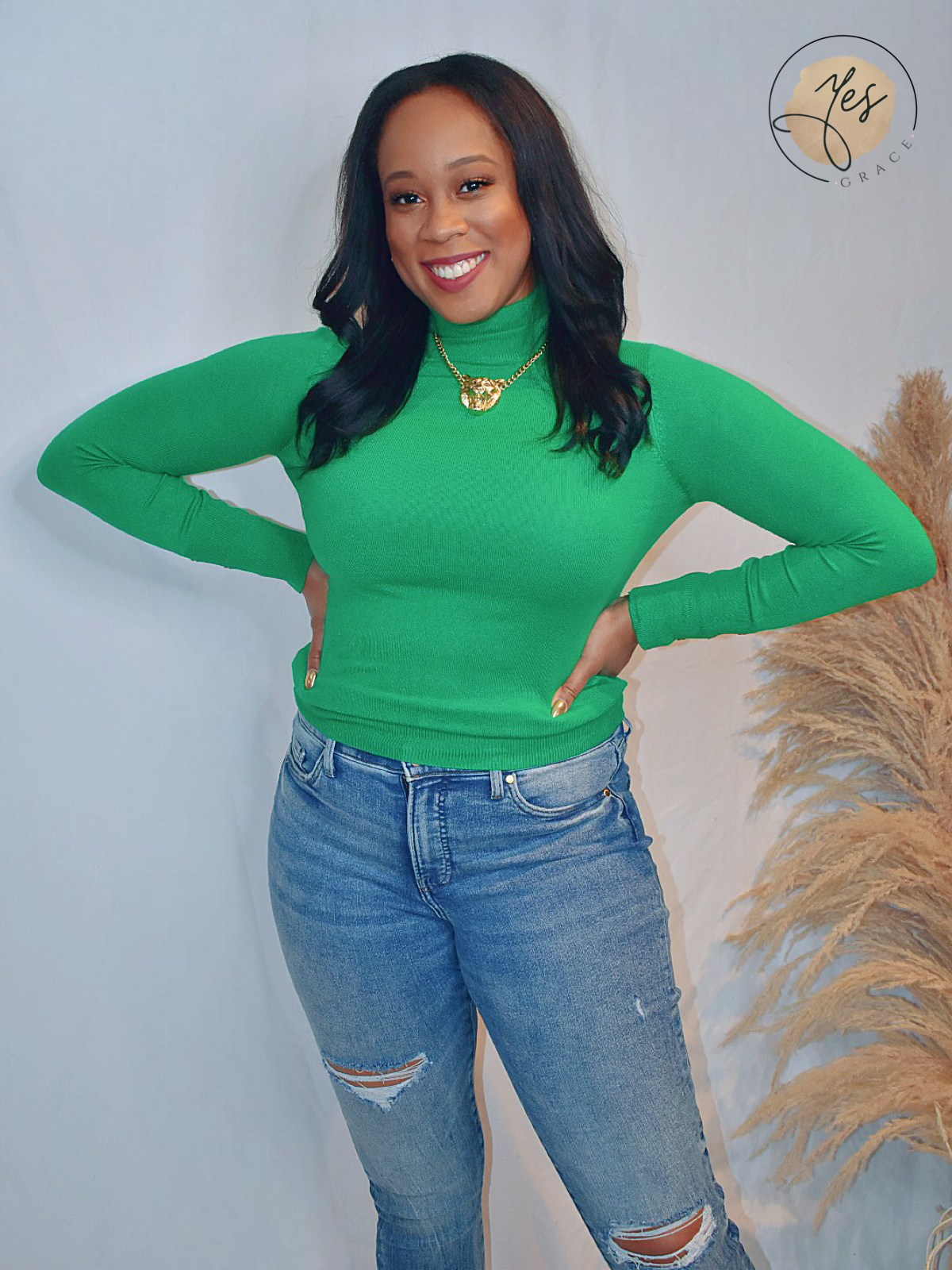 Sure Enough | High Neck Long Sleeve Top - Green