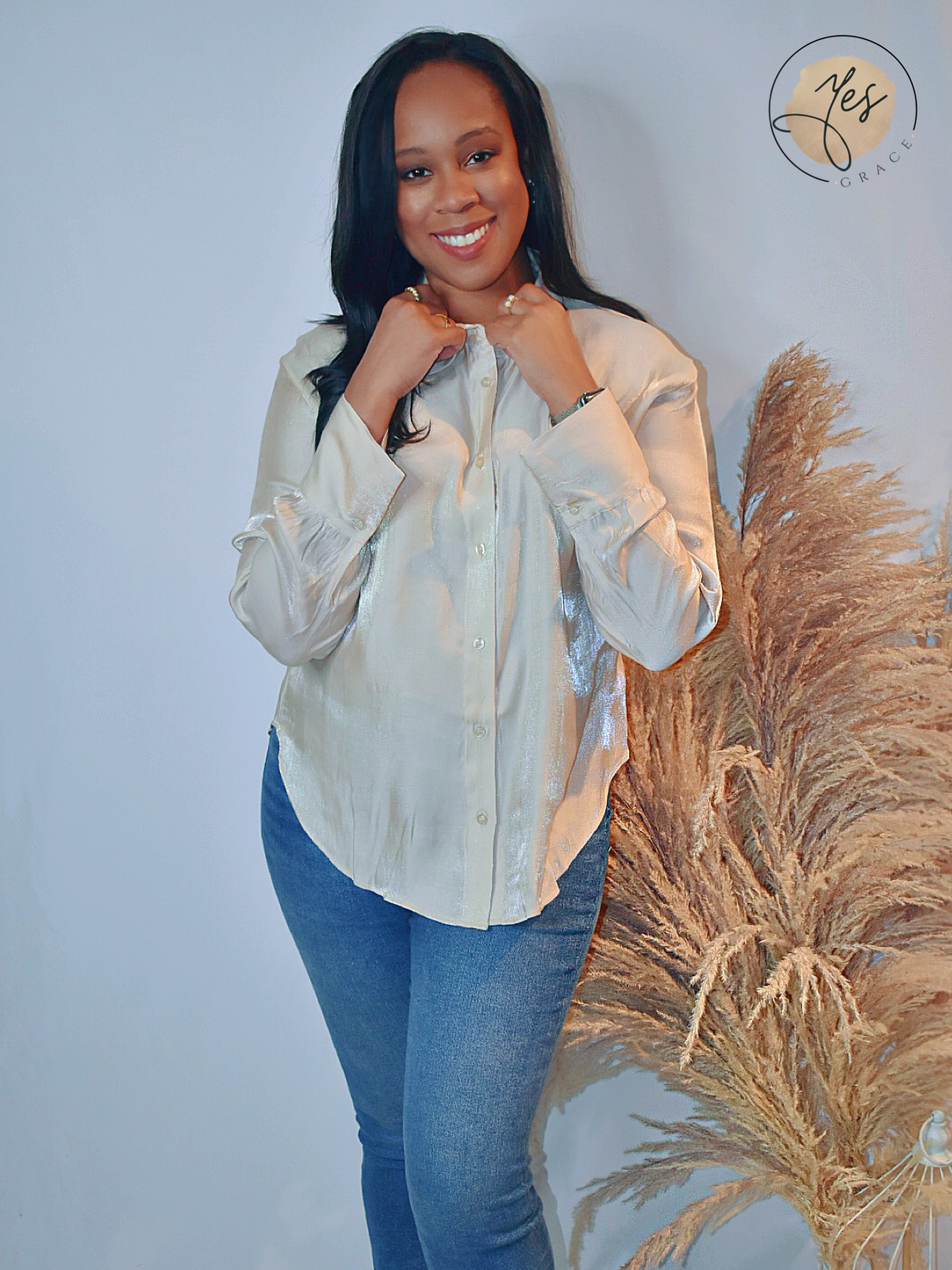 Subtle Spark | Light Khaki Satin Button Up Woven Top