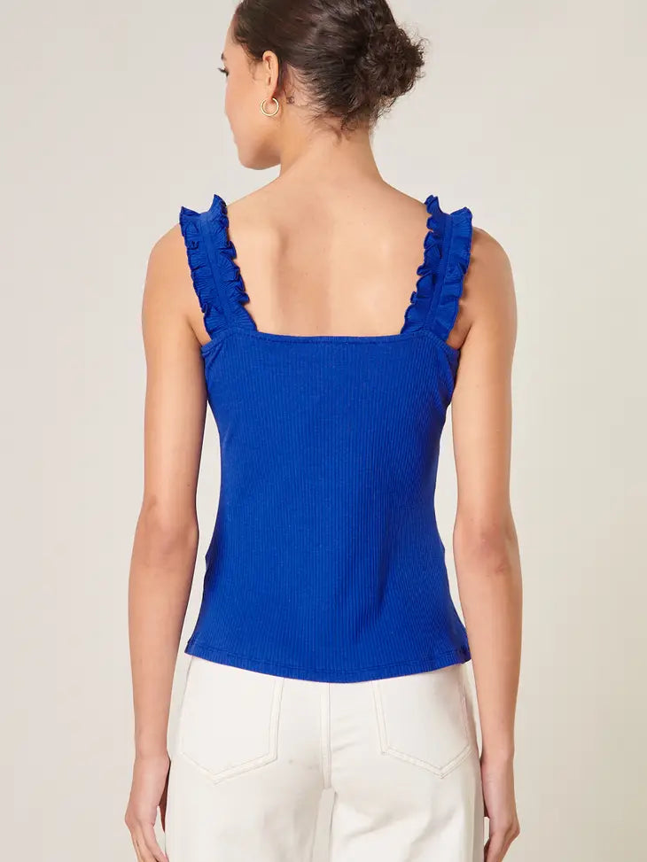 No Varsity Blues | Ruffle Strap Tank - Blue
