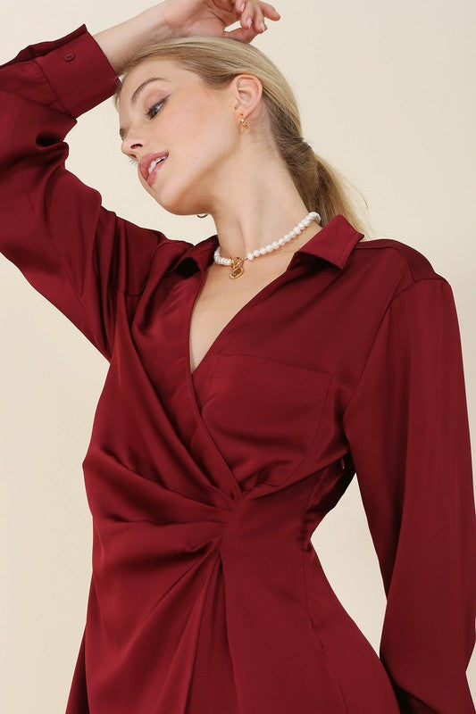 The Present | Satin collared wrap mini dress