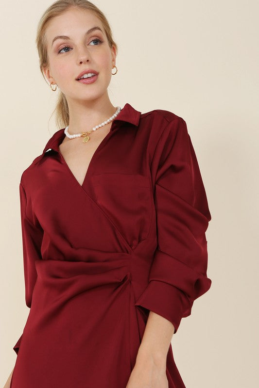 The Present | Satin collared wrap mini dress