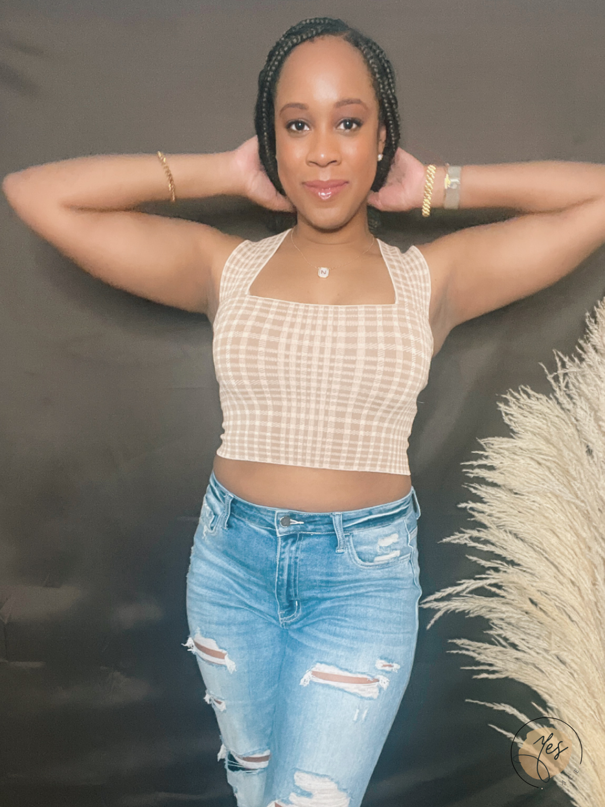Chess Not Checkers | Plaid Wide Strap knit Brami Top - Brown