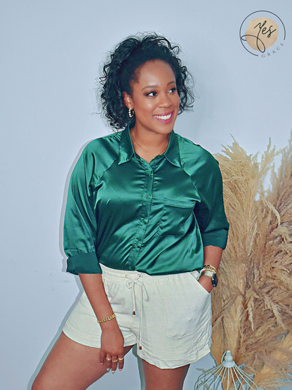 Go With The Flow | Silky Button Down Shirt - Hunter Green
