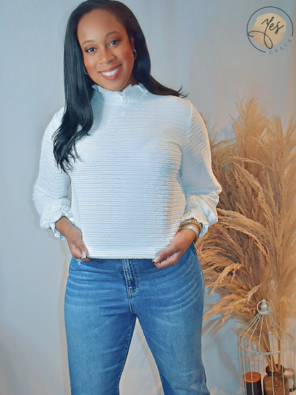 Everything | White Ruffle Trim Mock Neck Blouse