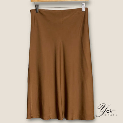 Alexis | Satin Front Slit Midi Skirt | Cafe