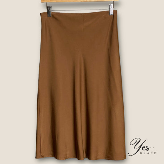 Alexis | Satin Front Slit Midi Skirt | Cafe