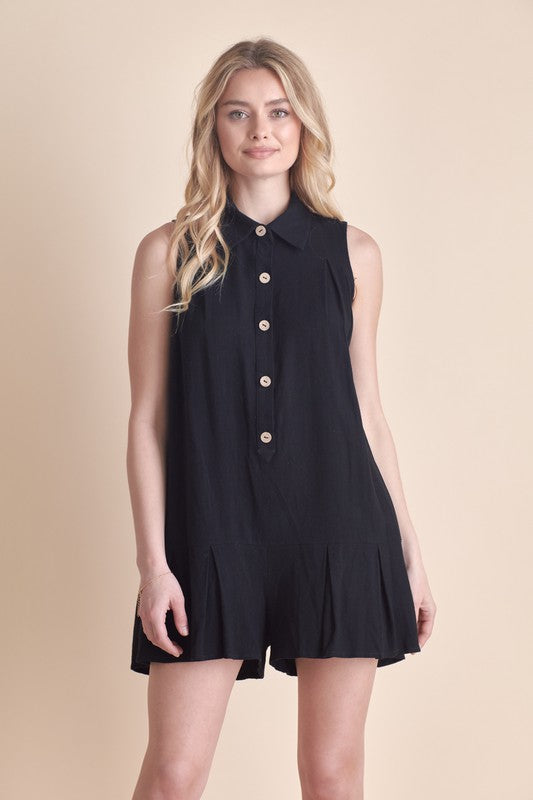 The Match  | Collared Pleated Linen Romper - Black