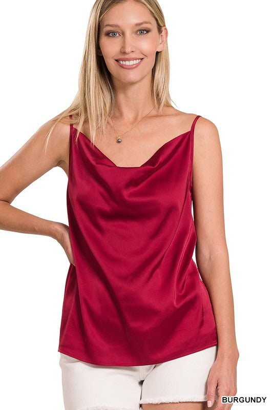 Faithful One | Satin Cowl Neck Cami Top - Burgundy