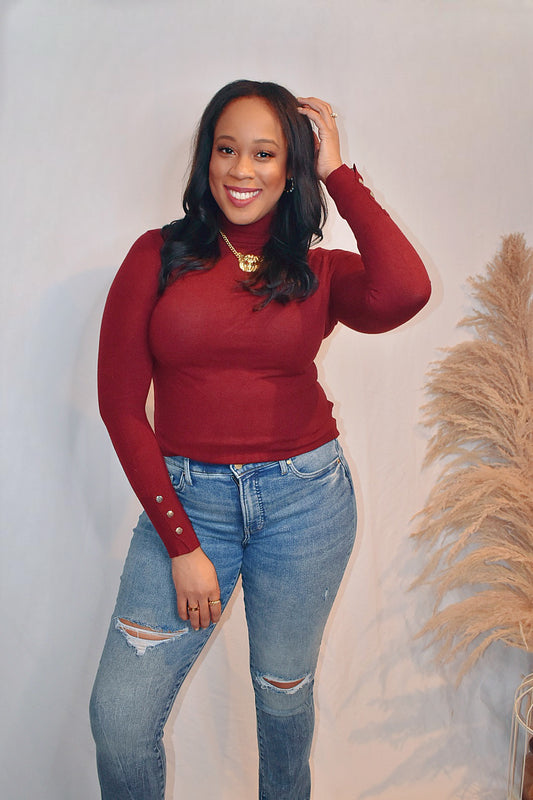 Sure Enough | High Neck Long Sleeve Top - Maroon