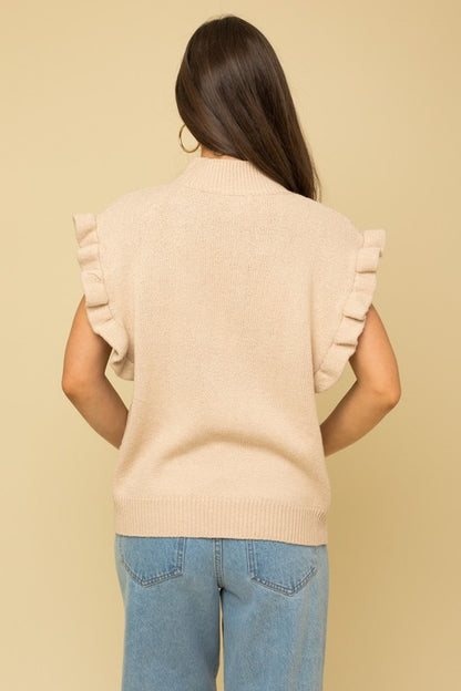 Adorned | Light Brown Cable Knit Ruffle Sweater Vest
