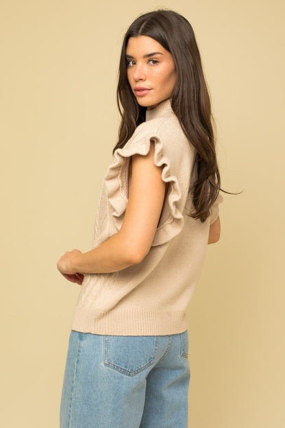Adorned | Light Brown Cable Knit Ruffle Sweater Vest