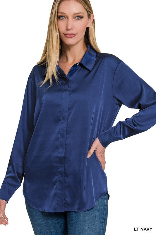 Going Places | Navy Satin Shirt