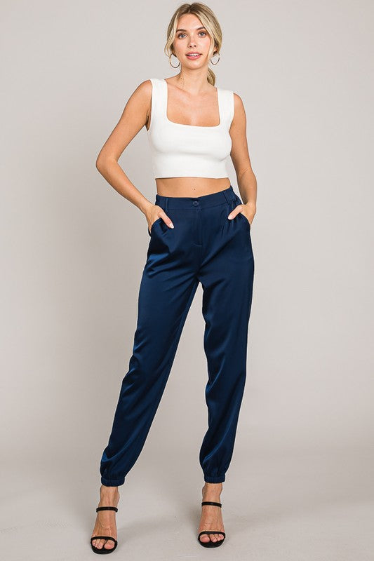 Jenni | Satin High-Rise Jogger Pants | Navy