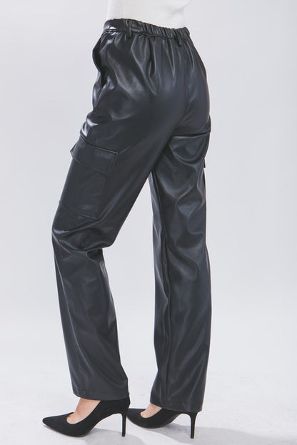 Here For It | Black Faux Leather Cargo Pants
