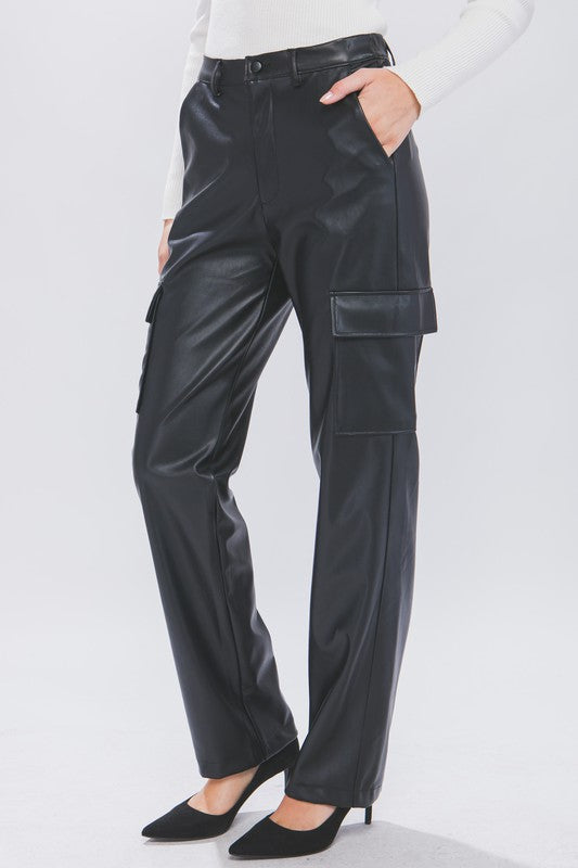 Here For It | Black Faux Leather Cargo Pants