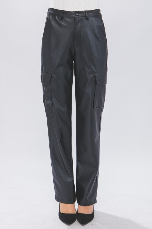 Here For It | Black Faux Leather Cargo Pants