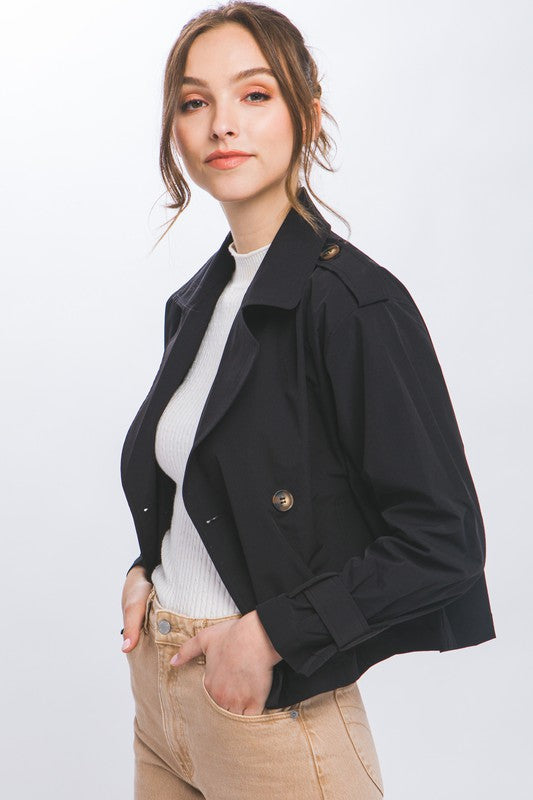 Cropped Trench Jacket with Belt Sleeve Detail | Black