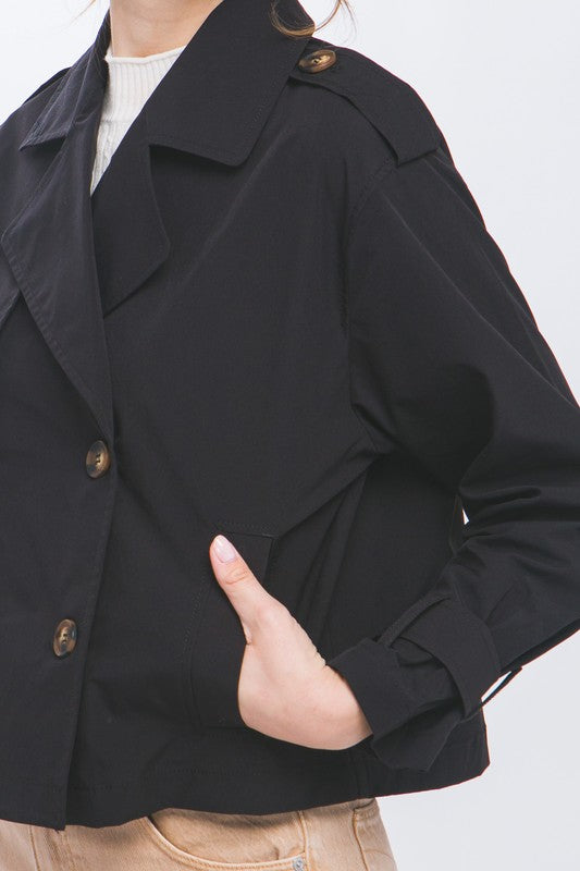 Cropped Trench Jacket with Belt Sleeve Detail | Black