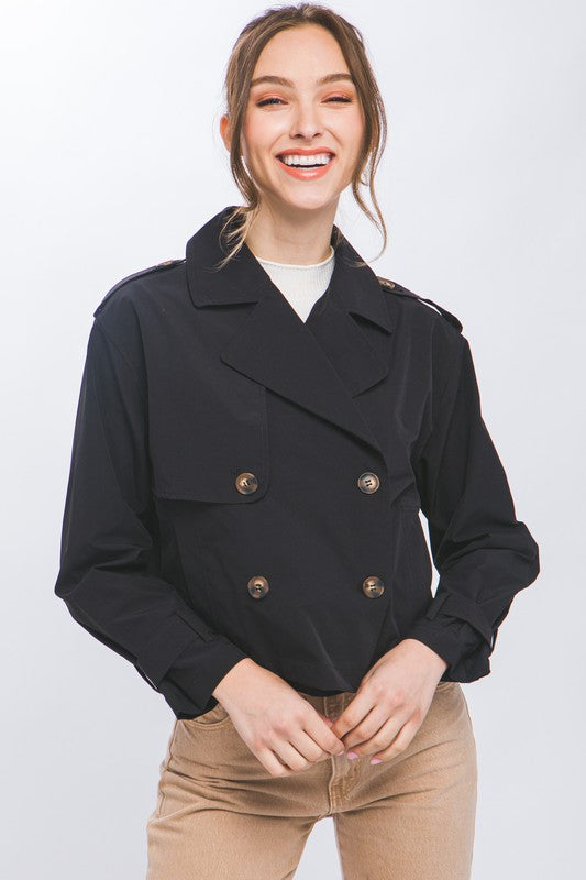 Cropped Trench Jacket with Belt Sleeve Detail | Black