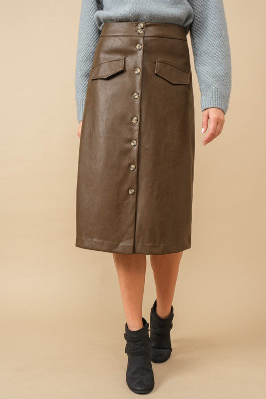 Make It Known | Chocolate Brown Faux Leather Midi Skirt