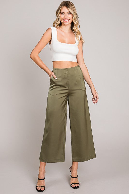 Sammy | Satin Wide Culotte Pants | Olive