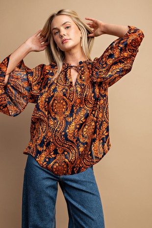 Willow | Tie Front Printed Lurex Sheer Blouse | Navy & Rust