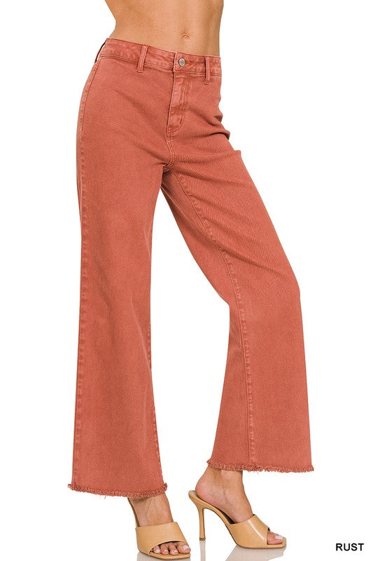 ACID WASHED FRAYED CUTOFF HEM STRAIGHT WIDE PANTS | Rust