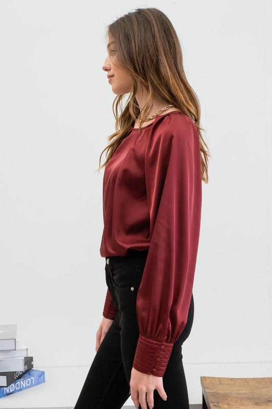 SATIN LONG BUTTONED BISHOP SLEEVE BLOUSE | Burgundy