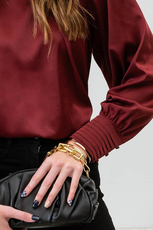 SATIN LONG BUTTONED BISHOP SLEEVE BLOUSE | Burgundy