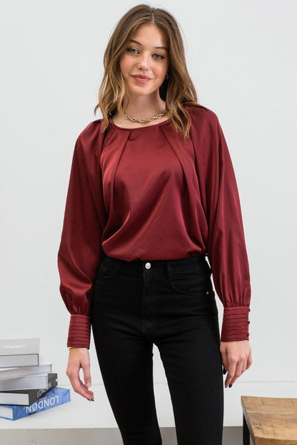 SATIN LONG BUTTONED BISHOP SLEEVE BLOUSE | Burgundy