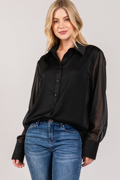 Satin Organza Contrast Sheer Dress Shirt | Black